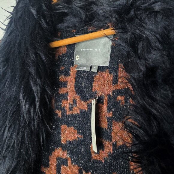 NEW Anthropologie Jacquard Long Open Front Sweater Coat Fur Collar XL $248 - Picture 7 of 7